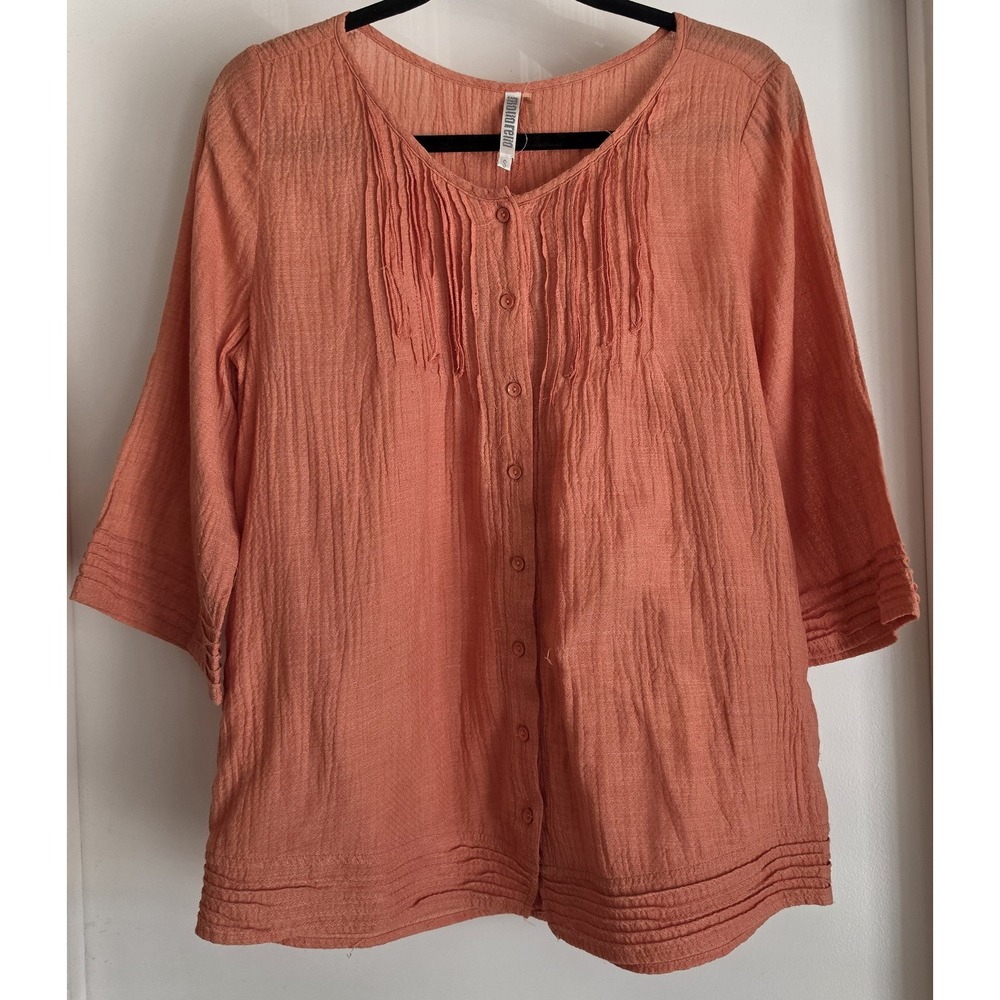 Monoreno Women Blouse Size S Coral 3/4 Sleeve Cotton Boho Top Shirt Tunic Pleats